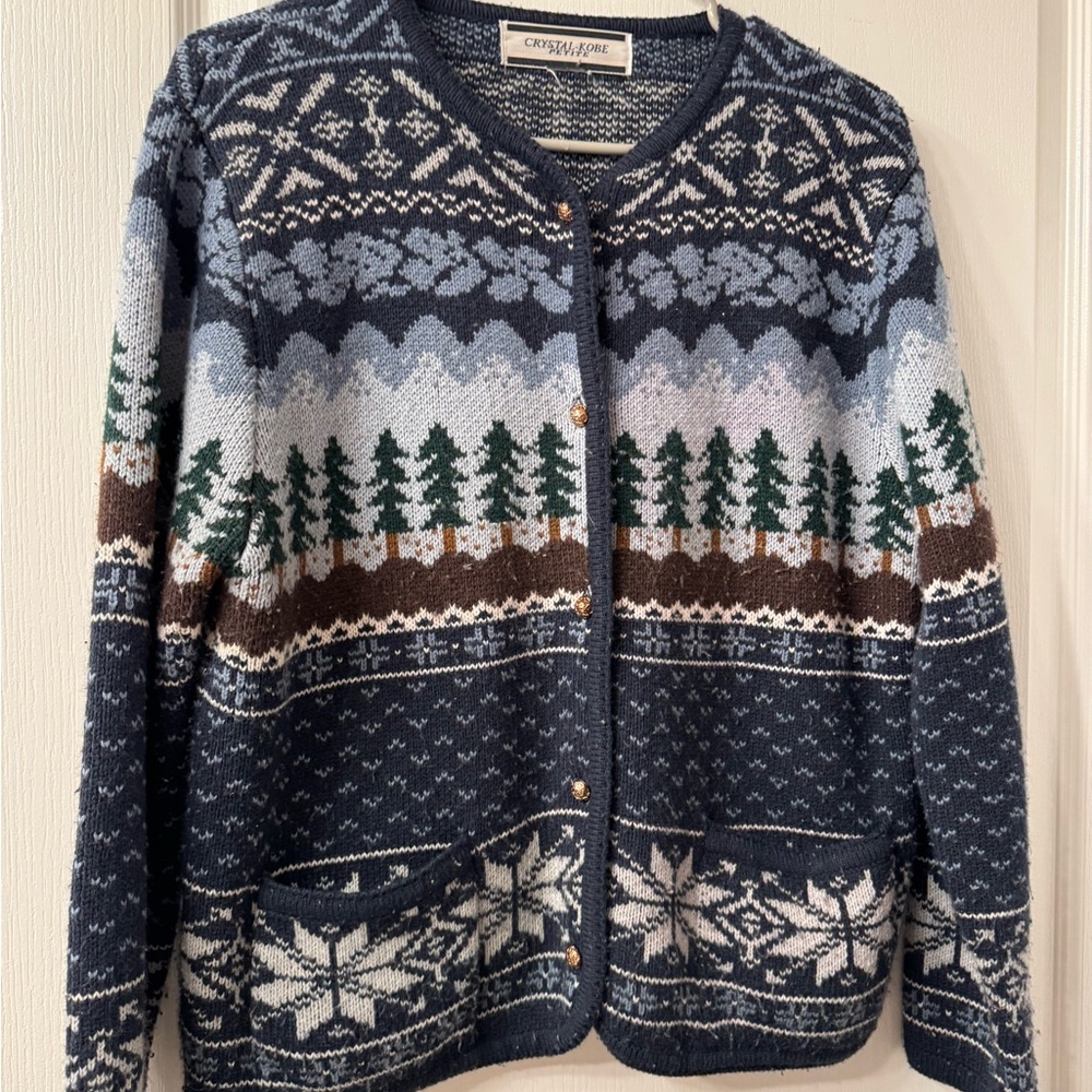 Navy Woodland Patterned Crystal Kobe Cardigan Sweater - L